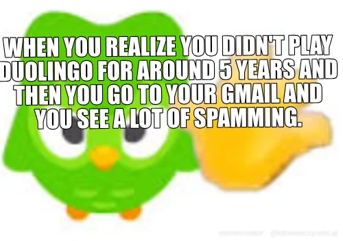 WHEN YOU REALIZE YOU DIDN'T PLAY DUOLINGO FOR AROUND 5 YEARS AND THEN YOU GO TO YOUR GMAIL AND YOU S