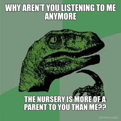 WHY AREN'T YOU LISTENING TO ME ANYMORE - THE NURSERY IS MORE OF A PARENT TO YOU THAN ME?? meme