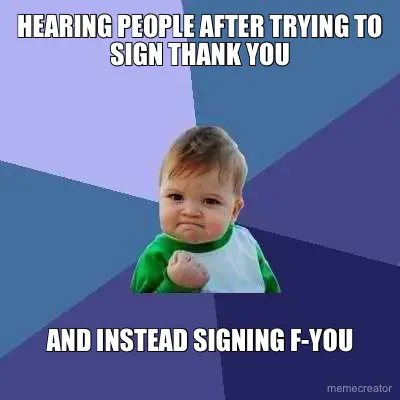 HEARING PEOPLE AFTER TRYING TO SIGN THANK YOU - AND INSTEAD SIGNING F-YOU meme