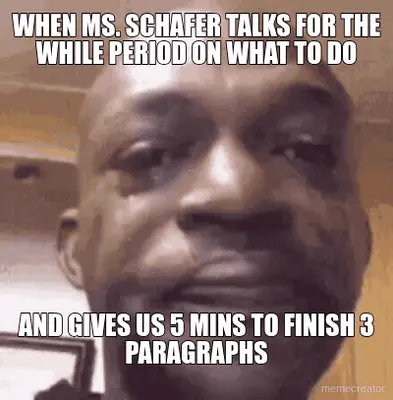 WHEN MS. SCHAFER TALKS FOR THE WHILE PERIOD ON WHAT TO DO - AND GIVES US 5 MINS TO FINISH 3 PARAGRAP meme