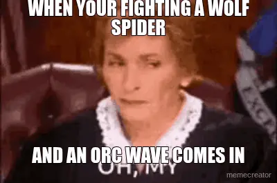 WHEN YOUR FIGHTING A WOLF SPIDER - AND AN ORC WAVE COMES IN meme