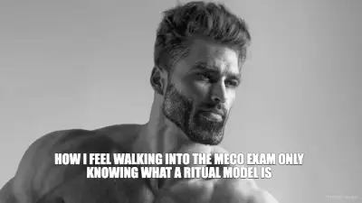 HOW I FEEL WALKING INTO THE MECO EXAM ONLY KNOWING WHAT A RITUAL MODEL IS meme