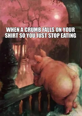 WHEN A CRUMB FALLS ON YOUR SHIRT SO YOU JUST STOP EATING meme