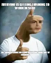 EVERYONE IS GETTING TRAINING TO WORK IN SFCC  | ME- WHO IS GOING ON LEAVE AFTER THE SAME DAY OF TRAI meme
