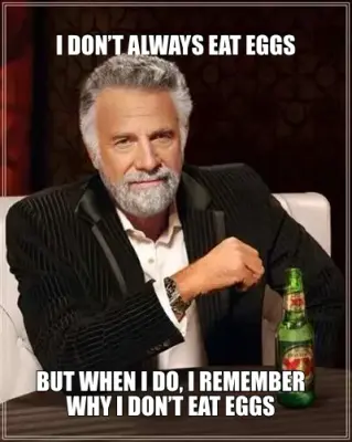 I DON’T ALWAYS EAT EGGS — BUT WHEN I DO, I REMEMBER WHY I DON’T EAT EGGS meme