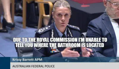 DUE TO THE ROYAL COMMISSION I'M UNABLE TO TELL YOU WHERE THE BATHROOM IS LOCATED meme