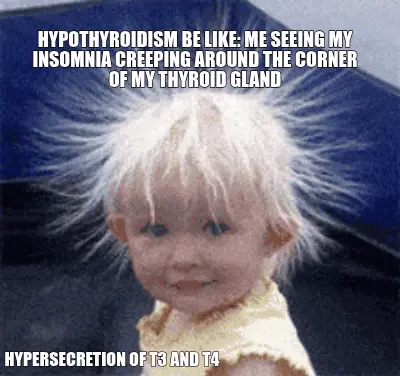 HYPOTHYROIDISM BE LIKE: ME SEEING MY INSOMNIA CREEPING AROUND THE CORNER OF MY THYROID GLAND — HYPER meme