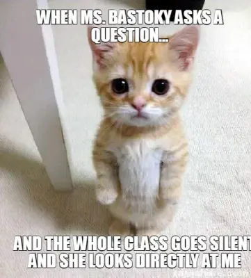 WHEN MS. BASTOKY ASKS A QUESTION... - AND THE WHOLE CLASS GOES SILENT AND SHE LOOKS DIRECTLY AT ME meme