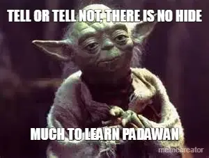 TELL OR TELL NOT, THERE IS NO HIDE - MUCH TO LEARN PADAWAN meme