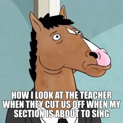 HOW I LOOK AT THE TEACHER WHEN THEY CUT US OFF WHEN MY SECTION IS ABOUT TO SING meme