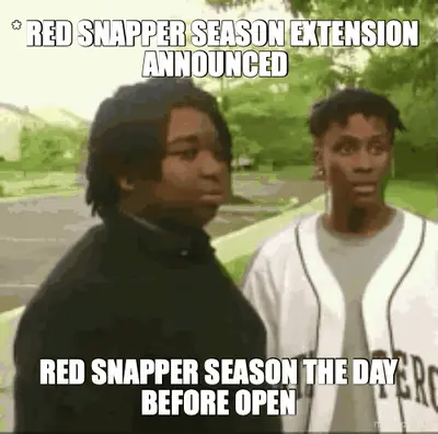 RED SNAPPER SEASON THE DAY BEFORE OPEN - * RED SNAPPER SEASON EXTENSION ANNOUNCED meme