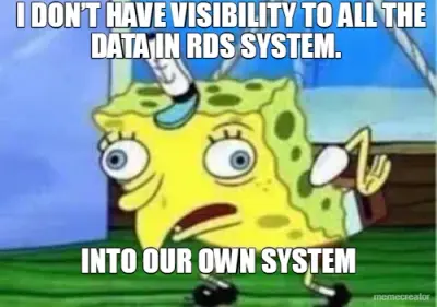 I DON’T HAVE VISIBILITY TO ALL THE DATA IN RDS SYSTEM.  - INTO OUR OWN SYSTEM meme