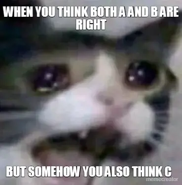 WHEN YOU THINK BOTH A AND B ARE RIGHT - BUT SOMEHOW YOU ALSO THINK C meme