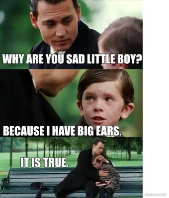 WHY ARE YOU SAD LITTLE BOY? | BECAUSE I HAVE BIG EARS. | IT IS TRUE. meme