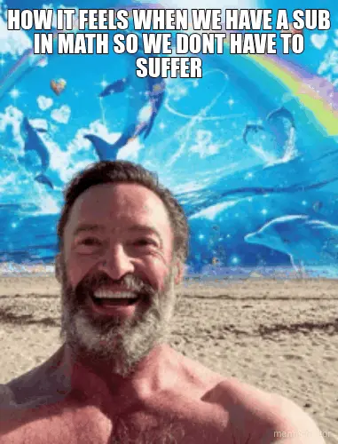 HOW IT FEELS WHEN WE HAVE A SUB IN MATH SO WE DONT HAVE TO SUFFER meme