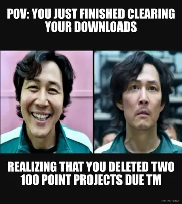 POV: YOU JUST FINISHED CLEARING YOUR DOWNLOADS - REALIZING THAT YOU DELETED TWO 100 POINT PROJECTS D meme