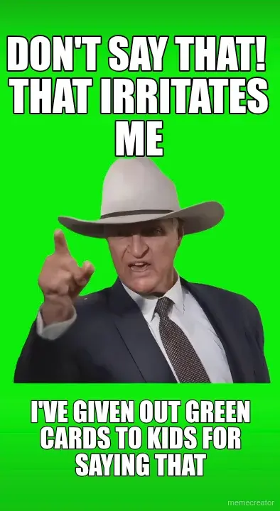 DON'T SAY THAT! - THAT IRRITATES ME - I'VE GIVEN OUT GREEN CARDS TO KIDS FOR SAYING THAT meme