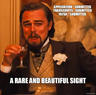 APPLICATION - SUBMITTED TRANSCRIPTS - SUBMITTED FAFSA - SUBMITTED - A RARE AND BEAUTIFUL SIGHT meme
