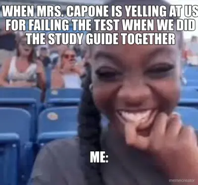 WHEN MRS. CAPONE IS YELLING AT US FOR FAILING THE TEST WHEN WE DID THE STUDY GUIDE TOGETHER - ME: meme