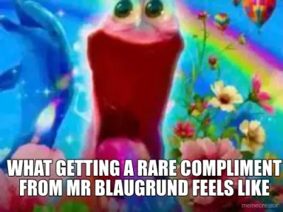 WHAT GETTING A RARE COMPLIMENT FROM MR BLAUGRUND FEELS LIKE meme