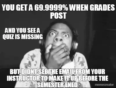 YOU GET A 69.9999% WHEN GRADES POST - AND YOU SEE A QUIZ IS MISSING - BUT DIDNT SEE THE EMAIL FROM Y meme
