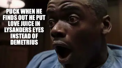 PUCK WHEN HE FINDS OUT HE PUT LOVE JUICE IN LYSANDERS EYES INSTEAD OF DEMETRIUS meme