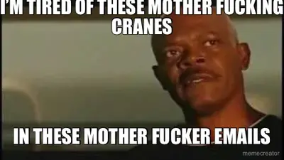 I’M TIRED OF THESE MOTHER FUCKING CRANES - IN THESE MOTHER FUCKER EMAILS meme