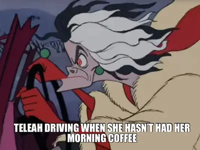 TELEAH DRIVING WHEN SHE HASN’T HAD HER MORNING COFFEE meme