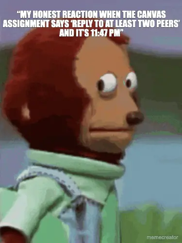 “MY HONEST REACTION WHEN THE CANVAS ASSIGNMENT SAYS ‘REPLY TO AT LEAST TWO PEERS’ AND IT’S 11:47 PM” meme