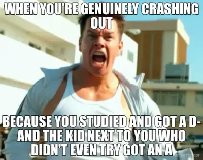 WHEN YOU'RE GENUINELY CRASHING OUT - BECAUSE YOU STUDIED AND GOT A D- AND THE KID NEXT TO YOU WHO DI meme