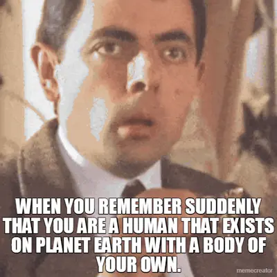 WHEN YOU REMEMBER SUDDENLY THAT YOU ARE A HUMAN THAT EXISTS ON PLANET EARTH WITH A BODY OF YOUR OWN. meme