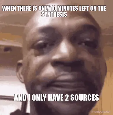 WHEN THERE IS ONLY 10 MINUTES LEFT ON THE SYNTHESIS - AND I ONLY HAVE 2 SOURCES meme