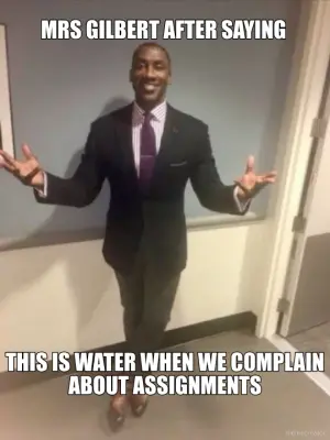 MRS GILBERT AFTER SAYING - THIS IS WATER WHEN WE COMPLAIN ABOUT ASSIGNMENTS meme