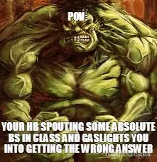 POV:  - YOUR HB SPOUTING SOME ABSOLUTE BS IN CLASS AND GASLIGHTS YOU INTO GETTING THE WRONG ANSWER meme