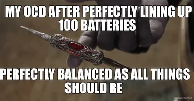 MY OCD AFTER PERFECTLY LINING UP 100 BATTERIES  - PERFECTLY BALANCED AS ALL THINGS SHOULD BE meme