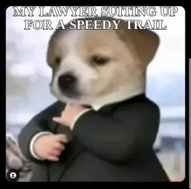MY LAWYER SUITING UP FOR A SPEEDY TRAIL meme