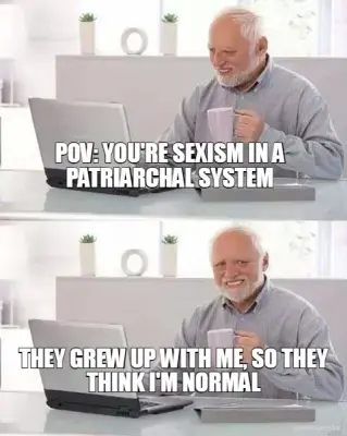 POV: YOU'RE SEXISM IN A PATRIARCHAL SYSTEM - THEY GREW UP WITH ME, SO THEY THINK I'M NORMAL meme
