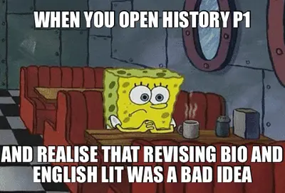 WHEN YOU OPEN HISTORY P1 - AND REALISE THAT REVISING BIO AND ENGLISH LIT WAS A BAD IDEA meme