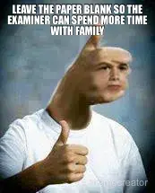 LEAVE THE PAPER BLANK SO THE EXAMINER CAN SPEND MORE TIME WITH FAMILY meme