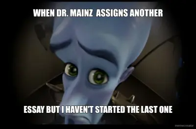 WHEN DR. MAINZ  ASSIGNS ANOTHER - ESSAY BUT I HAVEN'T STARTED THE LAST ONE meme