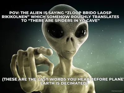 POV: THE ALIEN IS SAYING “ZLOOP BRIDO LAOSP RIKIKOLNEN” WHICH SOMEHOW ROUGHLY TRANSLATES TO “THERE A meme