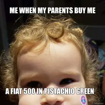 ME WHEN MY PARENTS BUY ME - A FIAT 500 IN PISTACHIO GREEN meme
