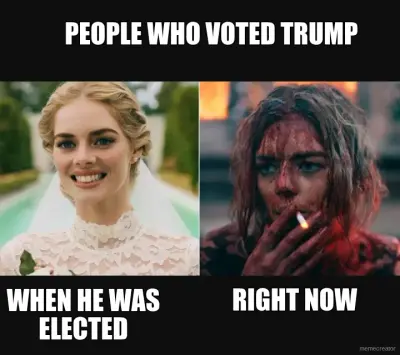 WHEN HE WAS ELECTED - RIGHT NOW - PEOPLE WHO VOTED TRUMP meme