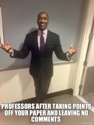 PROFESSORS AFTER TAKING POINTS OFF YOUR PAPER AND LEAVING NO COMMENTS meme