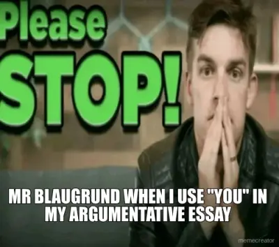 MR BLAUGRUND WHEN I USE "YOU" IN MY ARGUMENTATIVE ESSAY meme