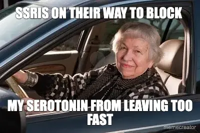SSRIS ON THEIR WAY TO BLOCK  - MY SEROTONIN FROM LEAVING TOO FAST meme