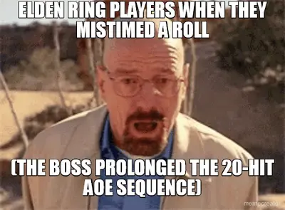 ELDEN RING PLAYERS WHEN THEY MISTIMED A ROLL - (THE BOSS PROLONGED THE 20-HIT AOE SEQUENCE) meme