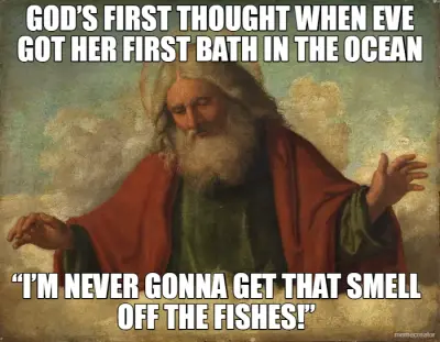 GOD’S FIRST THOUGHT WHEN EVE GOT HER FIRST BATH IN THE OCEAN - “I’M NEVER GONNA GET THAT SMELL OFF T meme