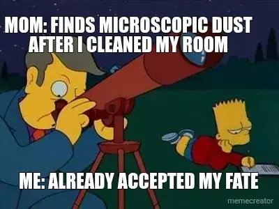 MOM: FINDS MICROSCOPIC DUST AFTER I CLEANED MY ROOM - ME: ALREADY ACCEPTED MY FATE meme