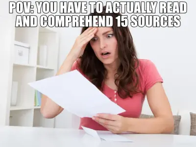 POV: YOU HAVE TO ACTUALLY READ AND COMPREHEND 15 SOURCES meme